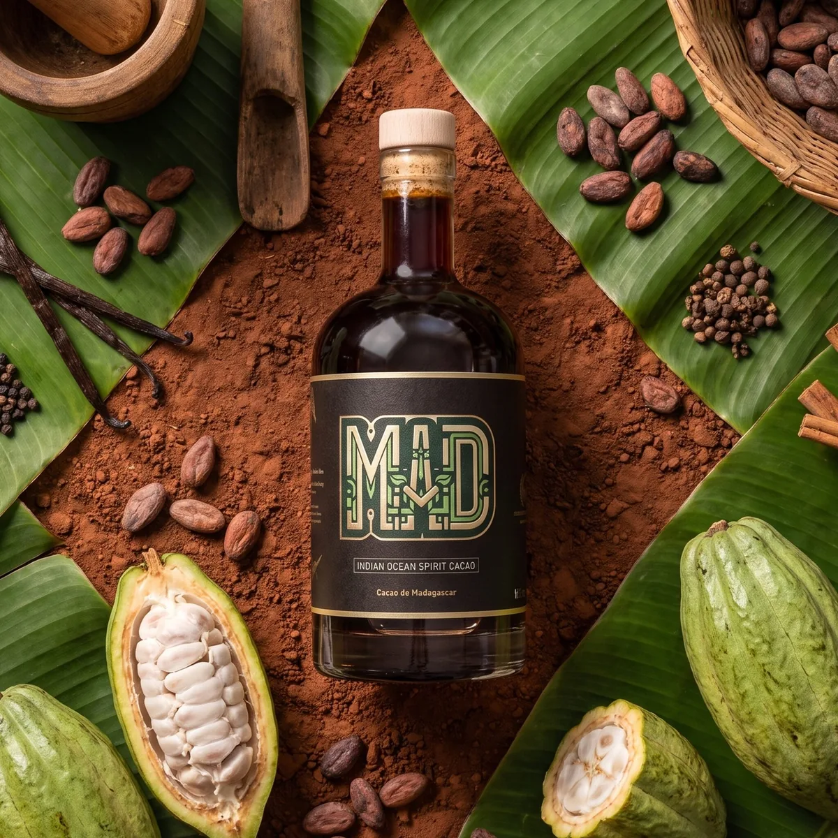 Bouteille de rhum M.A.D Cacao posée sur des feuilles de bananier, entre cabosses et fèves de cacao