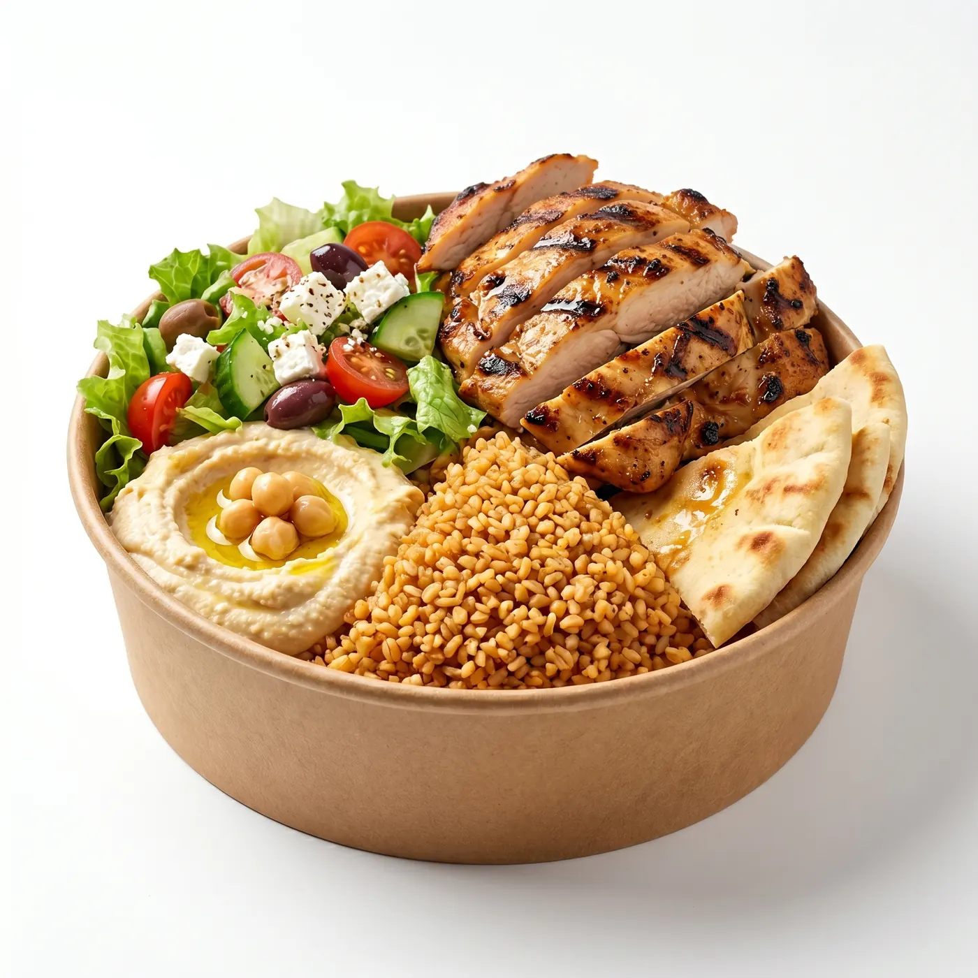 Bowl à emporter : poulet grillé, houmous, salade et boulgour