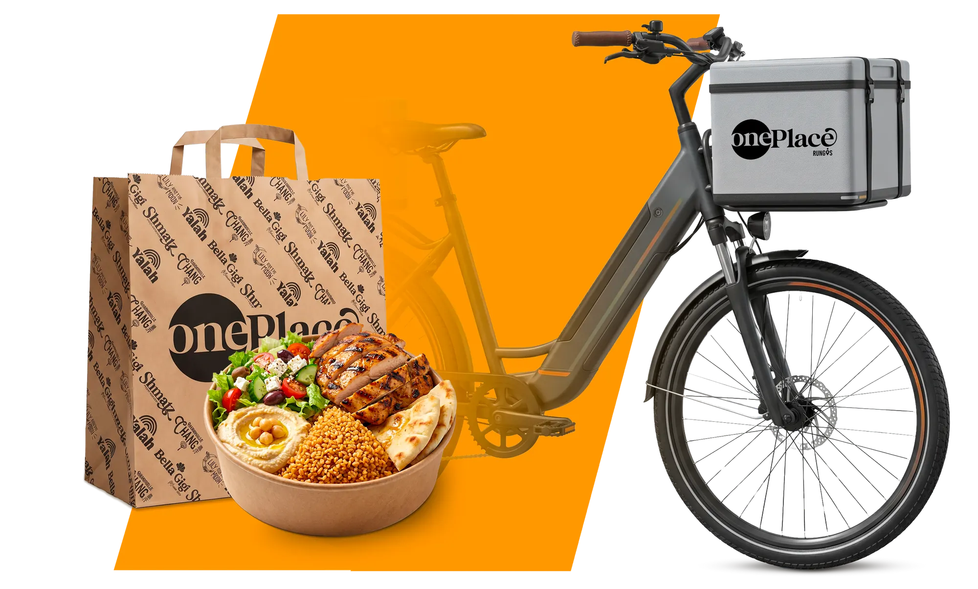 Vélo de livraison onePlace avec son sac kraft et un bowl