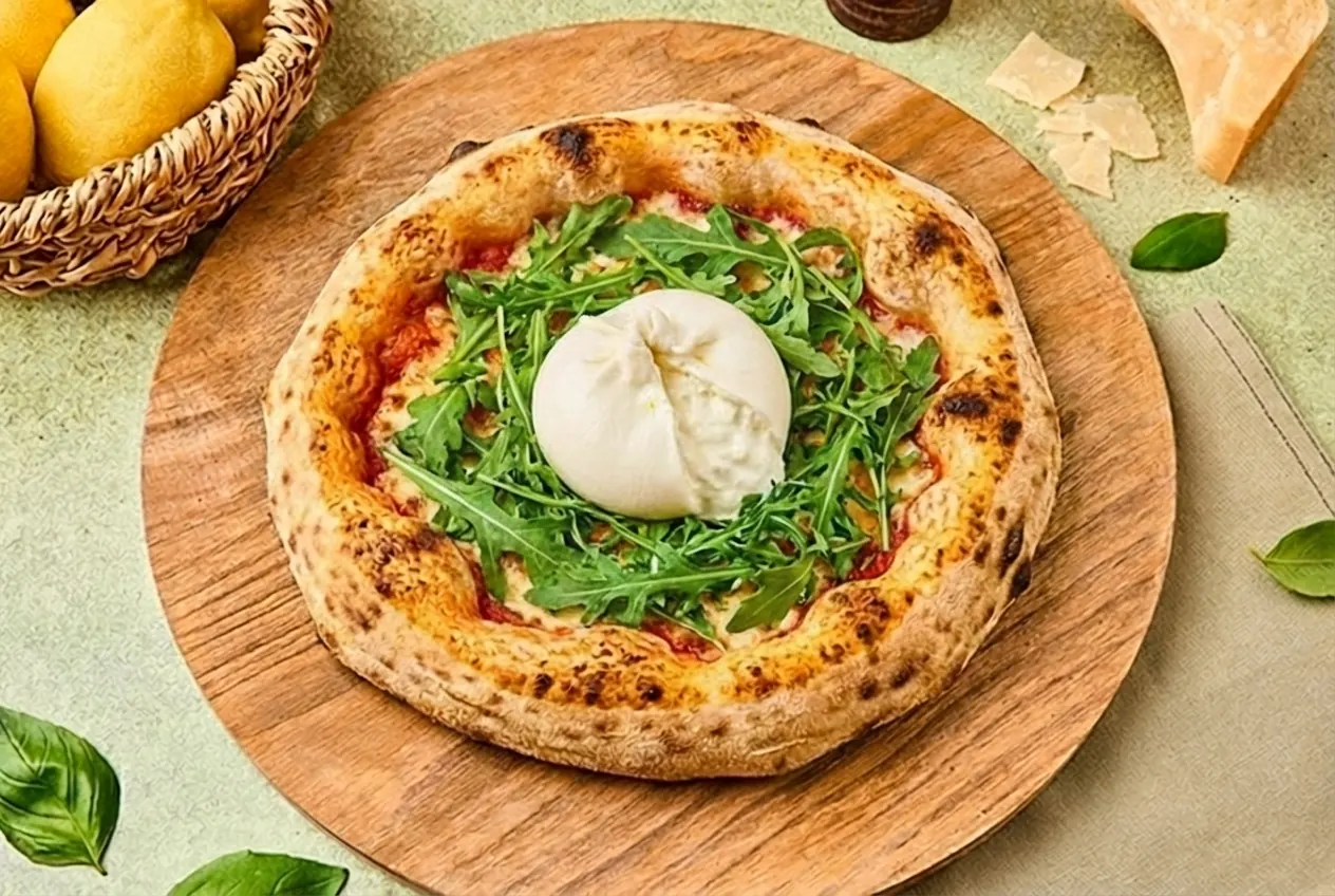 Pizza burrata et roquette sur planche en bois