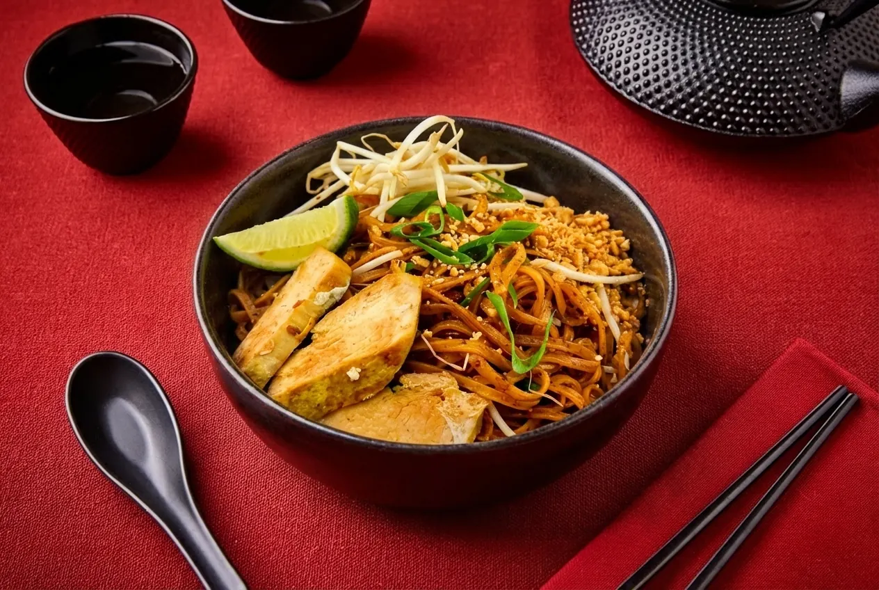 Pad thaï au poulet servi dans un bol noir